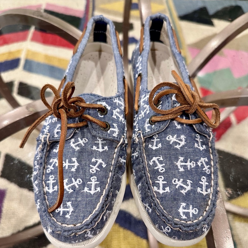 Sperry Nautical Anchor Boat Shoes with Brown Accents